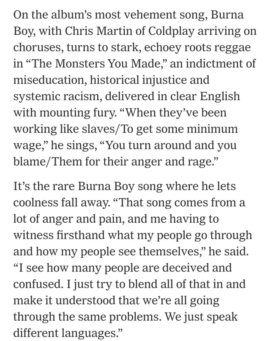 13. Yemi Alade might do all of that but the results are unlikely to be the same for 2 reasons: 1. For now, she doesn't have the lyrics to come close to matching them verse for verse 2. Nobody knows her politics or philosophy, meanwhile Burna is steady saying the right things
