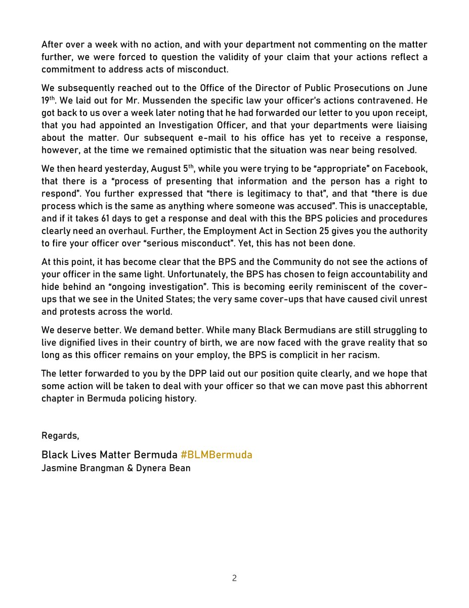 BLMBermuda's tweet photo. Our Open Letter to @CmmrCorbishley 

"it has become clear that the BPS and the community do not see the actions of your officer in the same light. Unfortunately, the BPS have chosen to feign accountability and hide behind an 'ongoing investigation'."
#BLMBermuda ✊🏽✊🏾✊🏿 #61Days https://t.co/ZzCkAHV2VA