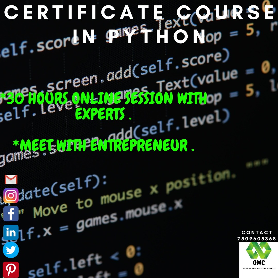 GreatGmc's tweet photo. #Certificatecourseinpython #certificatecourse  #Python #pythonprogramming #onlinesession #onlinelearning #experts #entrepreneur https://t.co/c2ZkGg9d4d