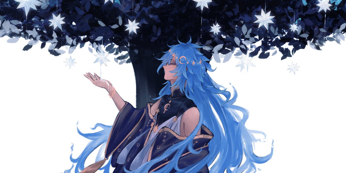 blue hair long hair crescent solo male focus 1boy crescent hair ornament  illustration images