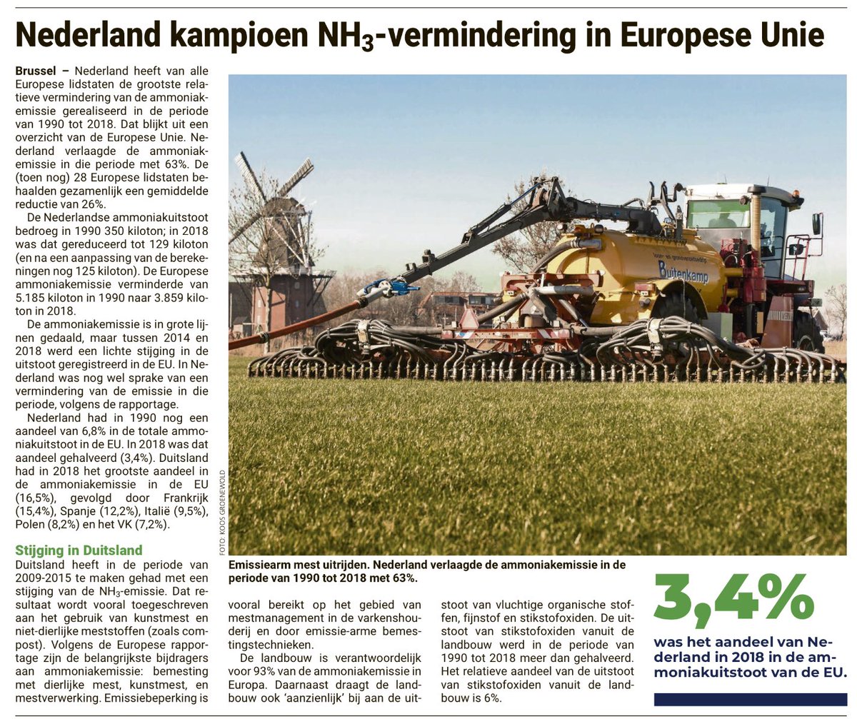 Nederland kampioen NH3-vermindering in Europese Unie. 
In de periode 1990-2018 verlaagde de ammoniak emissie met 63%. Knappe prestatie van de NL landbouw!