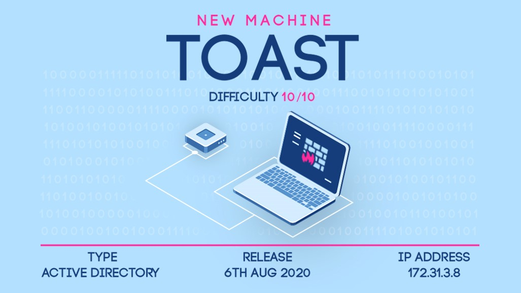A NEW 10/10 #ActiveDirectory machine #Toast will go live today @ 19:00 UTC. Our most difficult machine release so far. Are you ready for the challenge? Check out CyberSecLabs at cyberseclabs.co.uk

#CyberSecurityTraining #Hacking #Security #CyberSecLabs