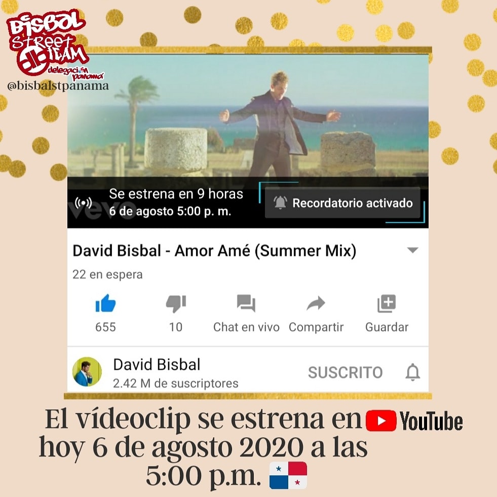 bisbalpanama's tweet photo. El vídeoclip de #AmorAmé de @davidbisbal se estrena hoy 6 de agosto 2020 a las 5:00 p.m. (hora de Panamá🇵🇦) en youtube. • Te invitamos activar el 'recordatorio' para que no te lo pierdas. #DavidBisbal #AmorAme #SingleDB https://t.co/K4Aei10wni