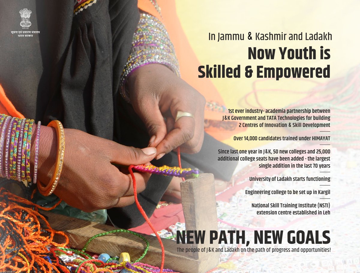 MIB_India's tweet photo. #OneYearOfDevelopment in J&amp;K and #Ladakh👇 

➡️Now youth is skilled &amp; empowered
➡️Now equality in employment opportunities
➡️Now farmers empowered to raise their farm income 
➡️Now workers are getting empowered

#OneNationOneAspiration #JammuKashmirThenAndNow #LadakhThenAndNow https://t.co/8LtUXJ6WOh