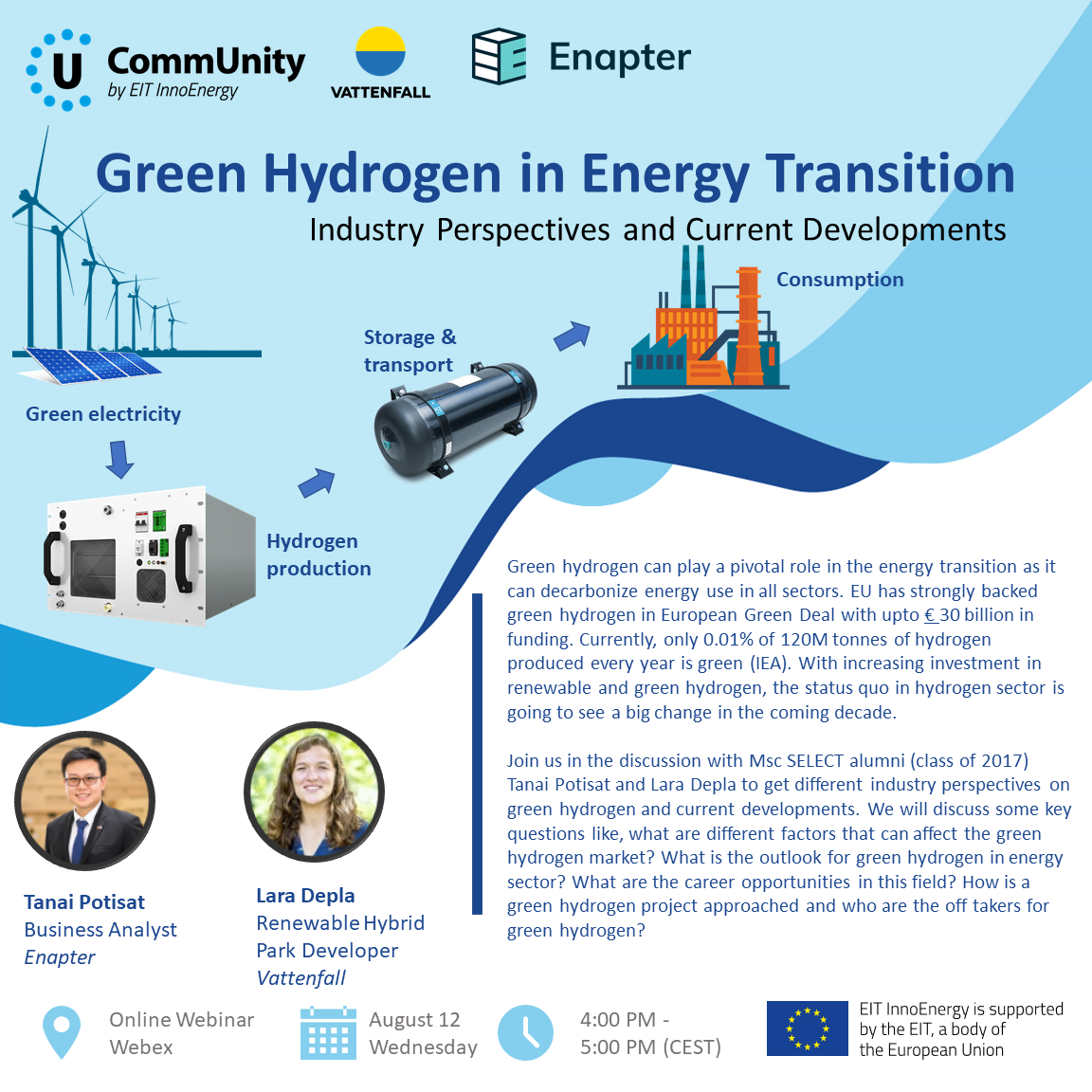 Are you interested to learn about green hydrogen: current developments, future outlook, and career opportunities in the sector? Join us on 12th August to get different industry perspectives from professionals in Vattenfall and Enapter: buff.ly/35Kbf6A