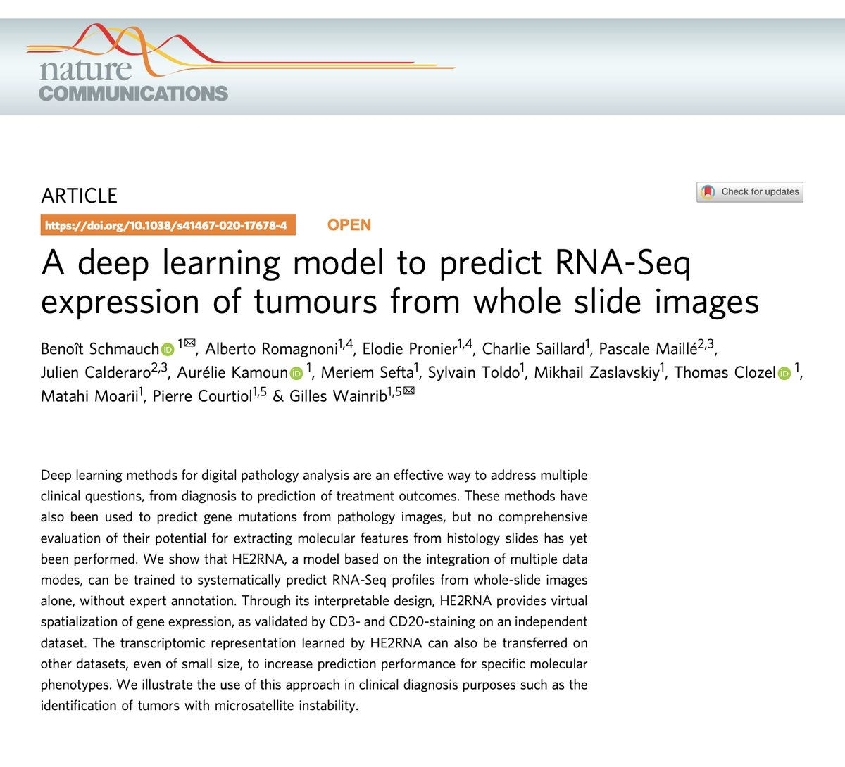jnkath's tweet photo. Very interesting paper by @OWKINscience out in @NatureComms: https://t.co/TI0gRXwyoO They used #DeepLearning to predict gene expression from #histology across multiple #cancer types (1/4) @Caldera60373705 https://t.co/Snhv2o4tew