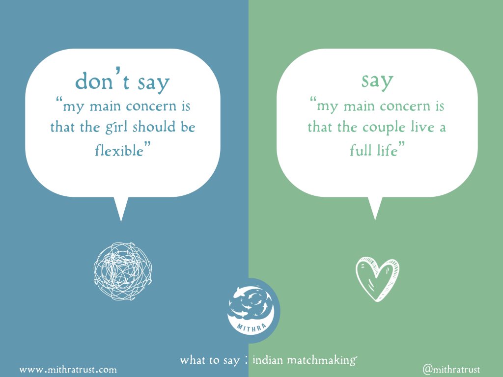 MithraTrust's tweet photo. This guide helps you to be kind and supportive when trying to match couples
๐ listen with empathy
๐suspend judgement
๐ talk from a place of love
๐ get the right kind of help
#indianmatchmaking #vyasar #whattosay #whatnottosay #SimaAunty #mithratrust (1/2) https://t.co/UvBhW6LzUd