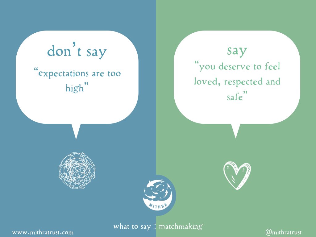 MithraTrust's tweet photo. This guide helps you to be kind and supportive when trying to match couples
๐ listen with empathy
๐suspend judgement
๐ talk from a place of love
๐ get the right kind of help
#indianmatchmaking #vyasar #whattosay #whatnottosay #SimaAunty #mithratrust (1/2) https://t.co/UvBhW6LzUd