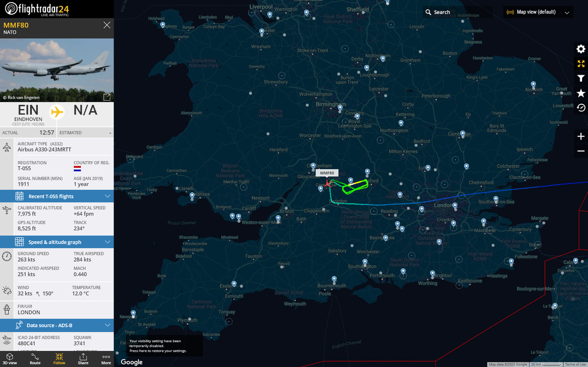Radar_Assistant's tweet photo. MISSED APPROACH ALERT : At Thu Aug  6 13:34:32 2020 #MMF80 was landing but now climbing - possible missed approach 4nm from EGVA RAF Fairford #AvGeek #ADSB https://t.co/35Nd8xpIj8 https://t.co/wa7UzPfHKb