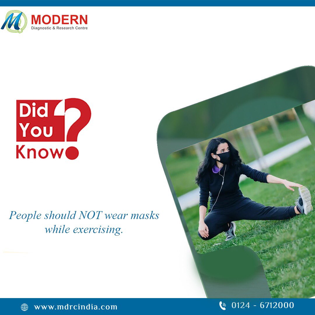 modernlabworld's tweet photo. According to WHO, wearing a mask during exercise will act as a barrier to airflow, which can lower the oxygen levels in the re-circulated air.

Therefore, one should avoid wearing a mask while exercising and instead exercise indoors for a safer environment. 
#ThrusdayMotivation https://t.co/WIJgUA8kVu
