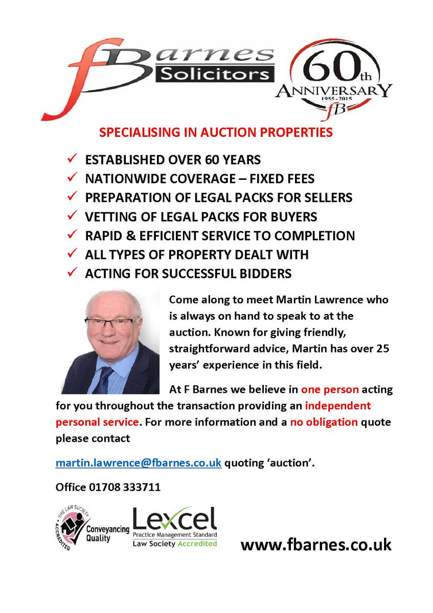 Just under a week to go until our 12th August auction! If you are planning to bid on any of the properties in our auction and are still looking for a solicitor, we would highly recommend Martin Lawrence of F Barnes. Full contact details below. #harmanhealy #fbarnes