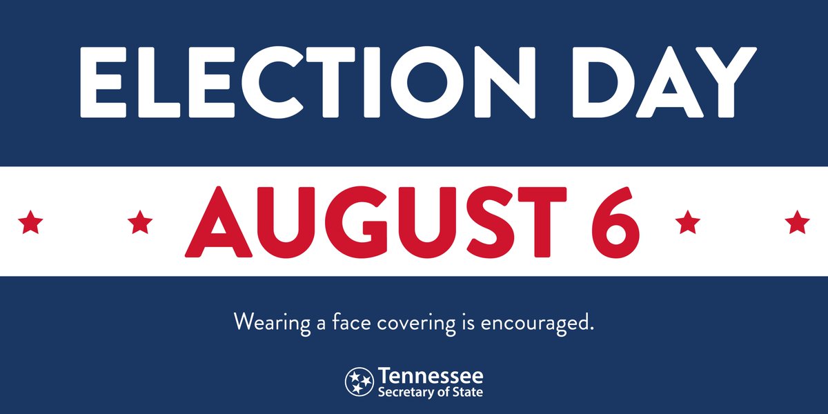 TNChamber's tweet photo. *TODAY* Thursday, August 6 is #ElectionDay for the State and Federal Primary &amp; County General election; Get out and VOTE!  

Polls open at various times, depending on the county. A list of when polls open in all 95 counties is available on https://t.co/UXMzxMcLLy.  @sectrehargett https://t.co/VSvZX0D1Qd