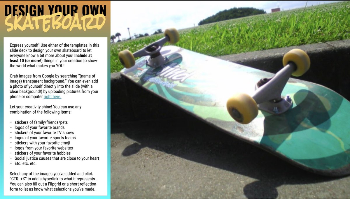 MeehanEDU's tweet photo. Why limit your students to virtual lockers?
@AliciaMotter’s class is designing virtual skateboards!
@MrsParkShine created an animated .gif classroom!
@SamMandeville’s students are decorating virtual Hydro Flasks!
So what will YOU iterate?
Template 👇
https://t.co/IZKEEKXiG8 https://t.co/IbQzFB7u9M