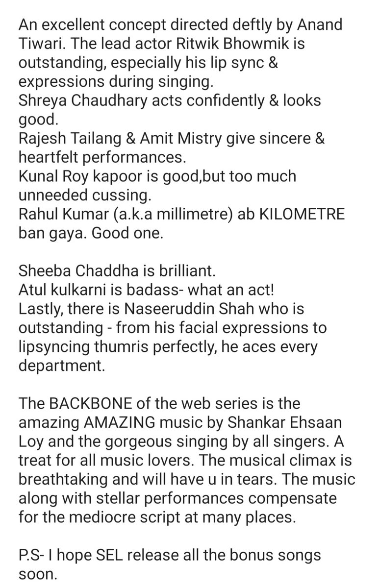 107. BANDISH BANDITS @PrimeVideoIN  @ritwikbhowmikk  @shreya_chaudhry  @atul_kulkarni  @anandntiwari  @rajeshtailang  @Shankar_Live  @EhsaanNoorani  @ShankarEhsanLoy  @jonitamusic Rating- 8.5/10(Review in the attached image)