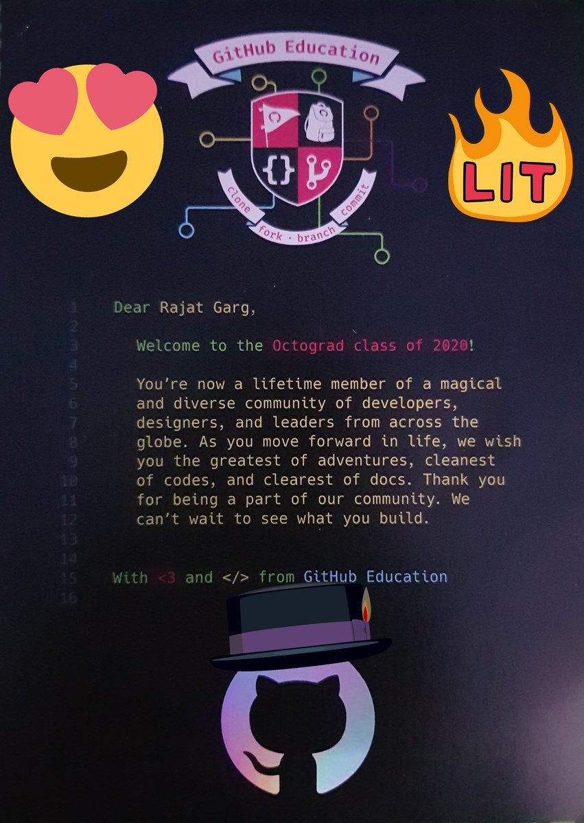 rajatgarg_97's tweet photo. Just received my Octograd🎓 class of 2020 swags. Thanks to @github and @GitHubEducation.
$ git remote <graduation>
#Octograd2020 #classOf2020 #swags https://t.co/qPnnxdrldy