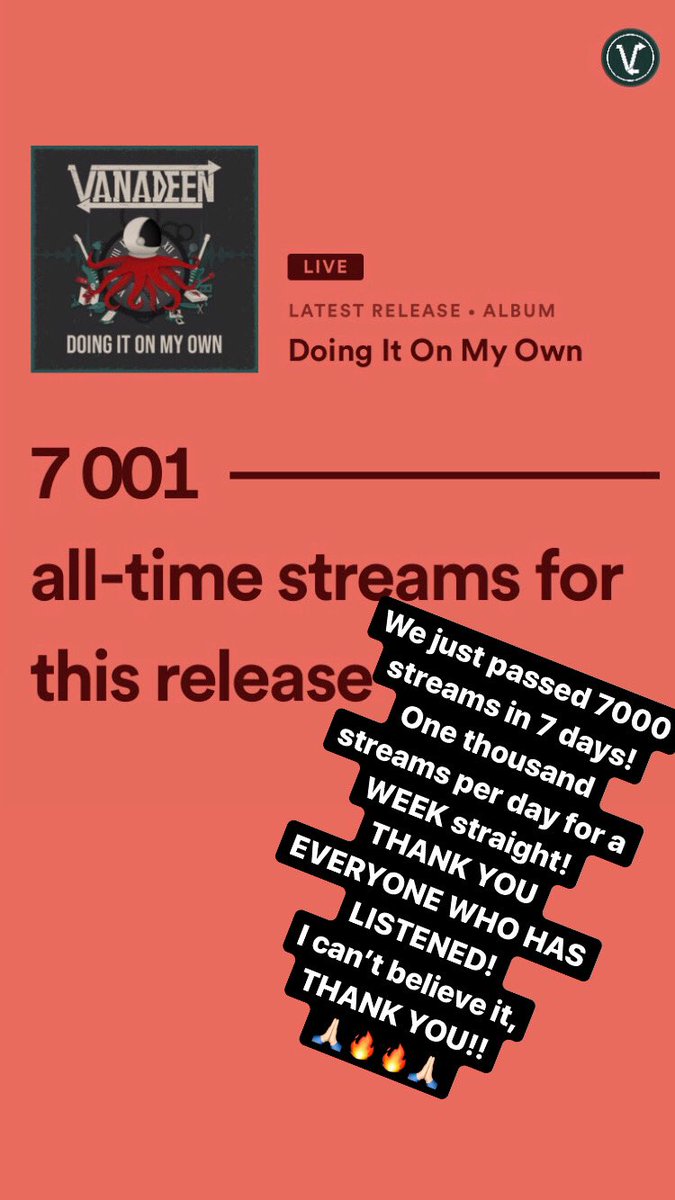 VanadeenTweet's tweet photo. Unbelievable.. 7000 streams in a WEEK! Insane! 🙏🏻 #PopPunk #NewMusic #NewArtist #NewBand #Vanadeen #DIOMO #DoingItOnMyOwn #7000Streams https://t.co/KobQeUTFhC