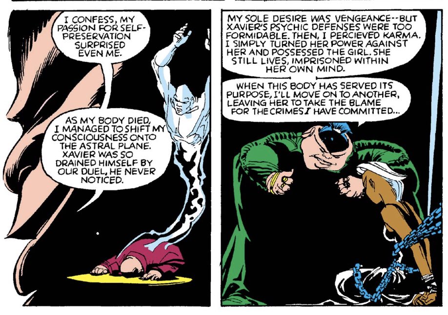 Ororo recognizes SK inside of Karma. SK confirms Xavier killed Farouk so SK/Farouk (unclear here is they are different or one and the same) fled to the astral plane, which he does again after battling Karma for her body.
