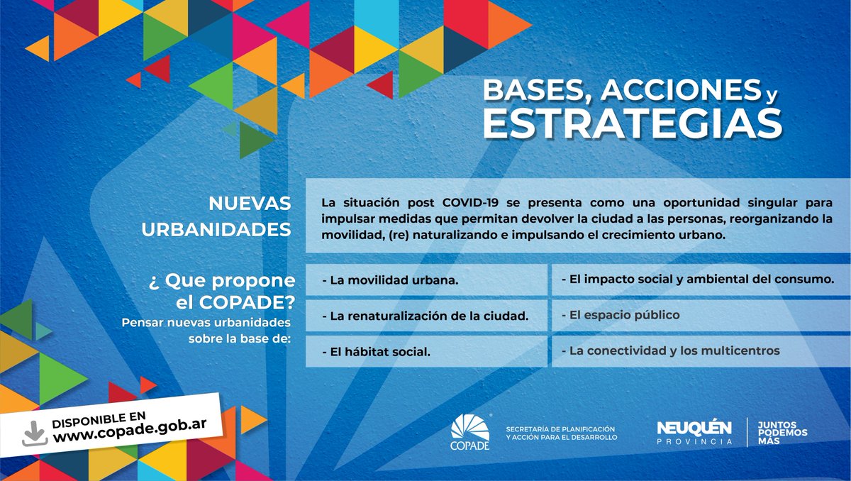 COPADEneuquen's tweet photo. La nueva normalidad tendrá infinitas incertidumbres y propone redefinir e interpelar todos los “modos de hacer” que conocíamos hasta hoy. La Provincia deberá buscar nuevos horizontes.
Las propuestas que elaboramos, en el #DocumentoBase: https://t.co/N73pTaWh96 https://t.co/VtfUF50A6y