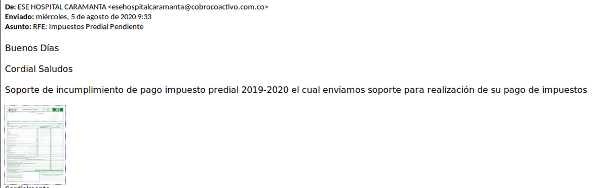 colCERT's tweet photo. ¡Alerta! falso correo electrónico con asunto "RFE: Impuestos Predial Pendiente" contiene una URL maliciosa que descarga un PELIGROSO #Malware que toma control del equipo infectado. "¡Se recomienda eliminar de inmediato!", @mindefensa @CaiVirtual @Ministerio_TIC https://t.co/p4BCkc05jB