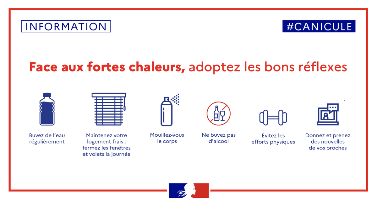 bretagnegouv's tweet photo. #Picdechaleur | ☀️🌡️De fortes #chaleurs sont prévues pour les prochains jours en #IlleEtVilaine

✅Hydratez-vous régulièrement 
✅Prenez des nouvelles de vos proches 
✅Continuez à respecter les gestes barrières #COVID19

ℹ️https://t.co/WsROcntdgw https://t.co/LIUCDBjbbW