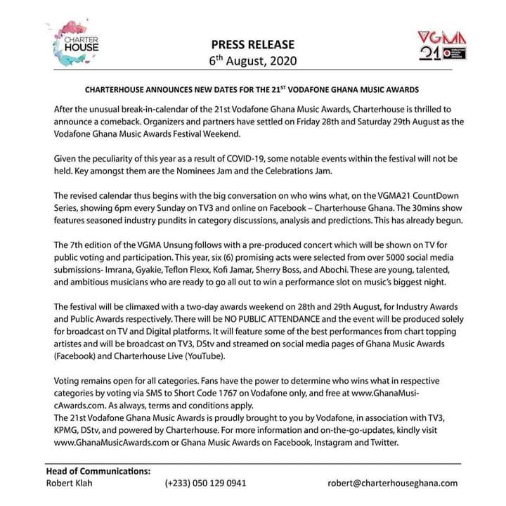 AneroDenkey's tweet photo. Charter House Announces New Dates For The VGMA 2020 📆
Dates : 28th - 30th August 2020 🏆
@CharterhouseGH @GHMusicAwards
#PromoHub📡 https://t.co/Q2Tzh1pfCb