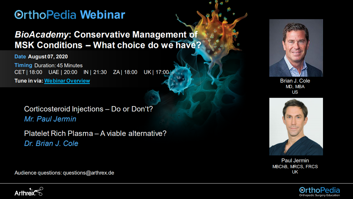 The second BioAcademy Orthopedia webinar will be tomorrow, 7th August, at 5pm, entitled "Conservative management of MSK conditions - what choice do we have?" with Mr Paul Jermin and Dr Brian Cole. Join live here: loom.ly/7HJ6LZU
#DiscoverArthrex #orthopedia