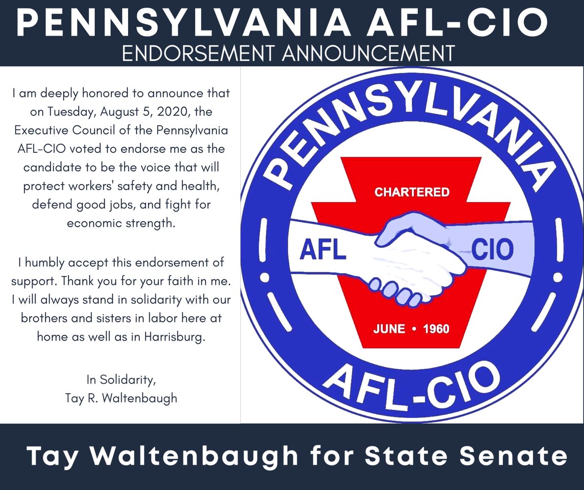 2020Tay's tweet photo. I humbly accept this endorsement of support. Thank you for your faith in me. I will always stand in solidarity with our brothers and sisters in labor here at home as well as in Harrisburg. https://t.co/zDaXYHkEfl