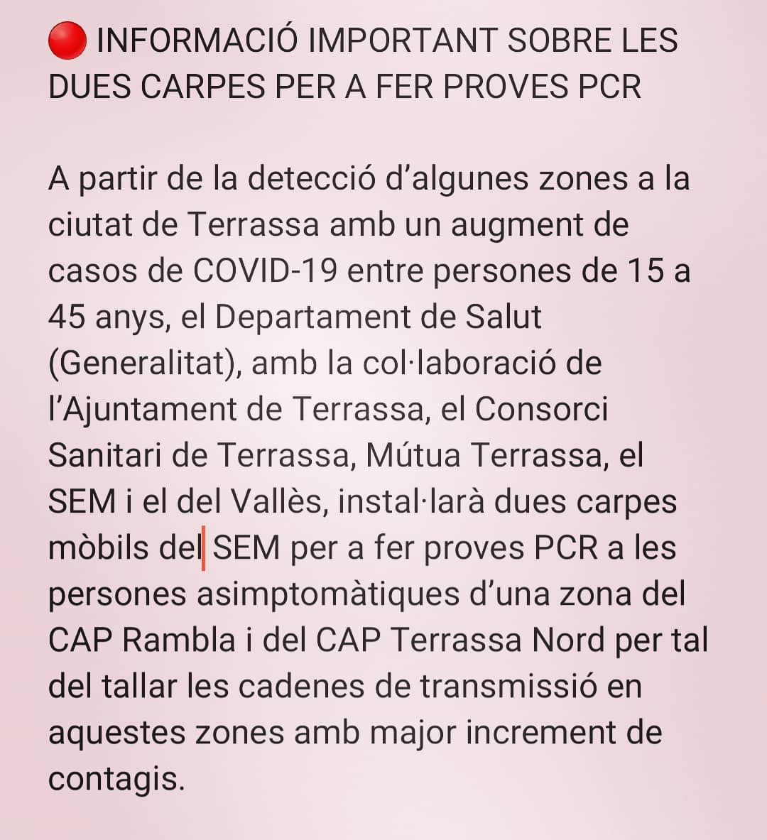 jordi_ballart's tweet photo. 🔴 INFORMACIÓ IMPORTANT SOBRE LES DUES CARPES PER A FER PROVES PCR A TERRASSA👇 https://t.co/gSkUquFI0s