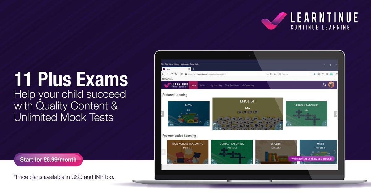 learntinue's tweet photo. #Learntinue; The best online learning platform for 11+ preparation, here you get quality content & unlimited mock tests to prepare better for the big day. Start your FREE trial: https://t.co/565J0M8jG4 today!
#11PlusExams #OnlineLearningForAll #MockExams #11plusSuccess https://t.co/JTbYbxUhmn