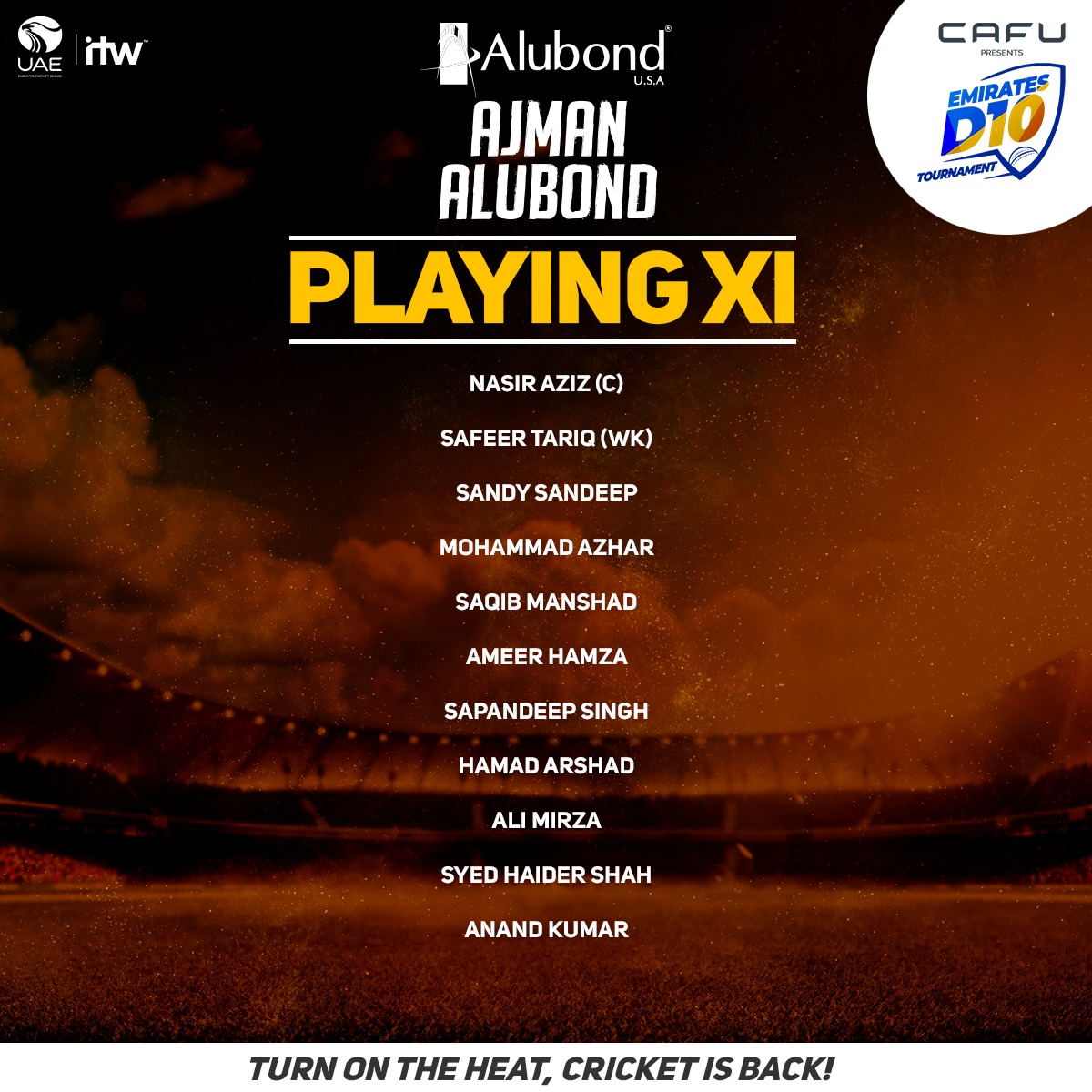 EmiratesCricket's tweet photo. . @MyCafu #EmiratesD10 Match 30 - Dubai Pulse Secure & Ajman Alubond team lists... #GameOn #BackyourSide
@ITWSports #CricketisBack #BuckleUp https://t.co/wlOvyNJ8mD