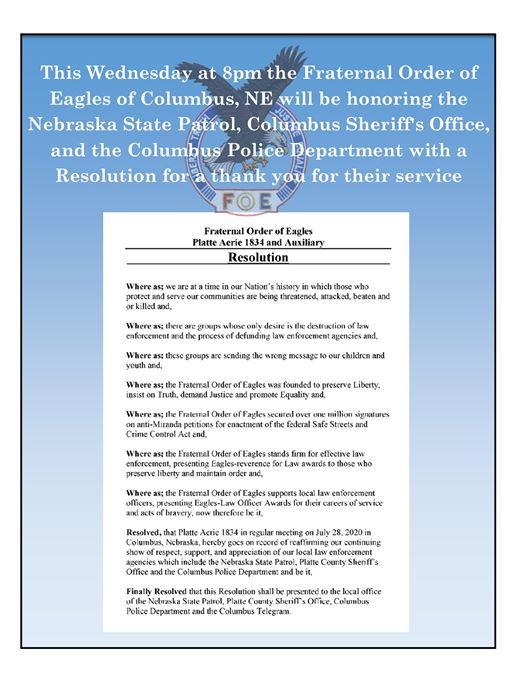 Columbus_NE_PD's tweet photo. Big THANKS to the Fraternal Order of Eagles for honoring NSP, PCSO, and CPD. We appreciate your support! #eagles #nsptroopb #pcso #cpdne https://t.co/2IbOrIMB2e