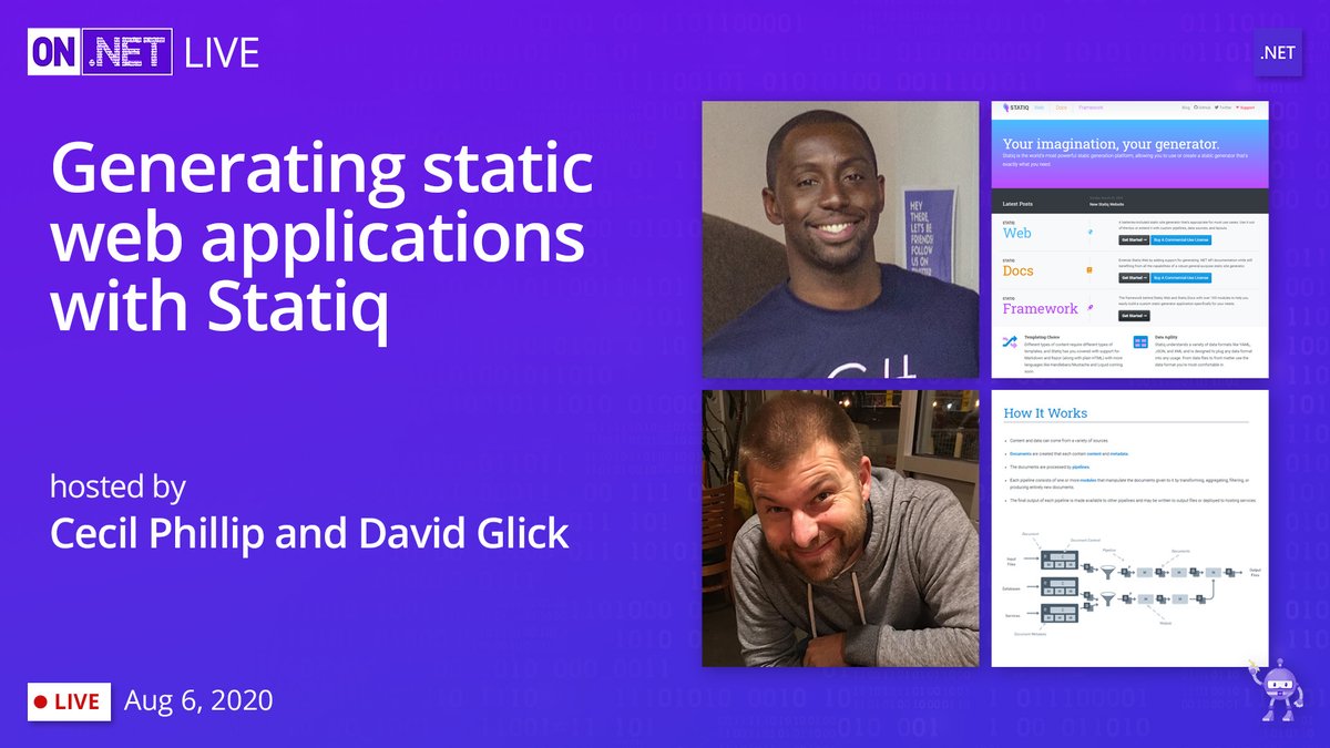 dotnet's tweet photo. On this week's #OnNET Live, @daveaglick will be talking about #JamStack, static web apps, and @statiqdev!  

Tune in today at 5pm EST / 2pm PDT 👩🏾‍💻👨🏽‍💻

https://t.co/Q98XH12AwD https://t.co/II4X9le6ks