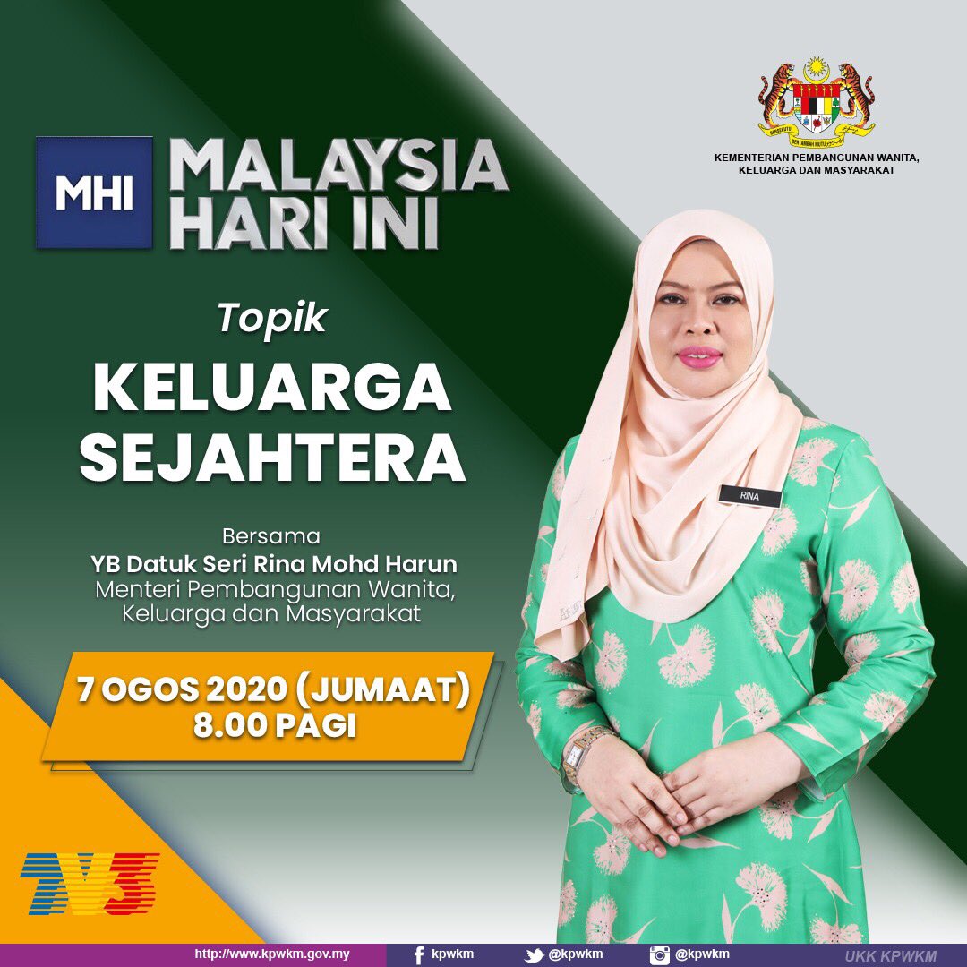 komunitikpwkm's tweet photo. Apakah yg dikatakan ‘Keluarga Sejahtera’ ? Jom sama-sama menonton MHI,TV3 esok 7 Ogos 2020(Jumaat) bersama Menteri @KPWKM , YB Datuk Seri @RinaMohdHarun , berbicara tentang topik tersebut. 

#KPWKMPrihatin
#ToWorkToEngage https://t.co/iZUHdPrD5i