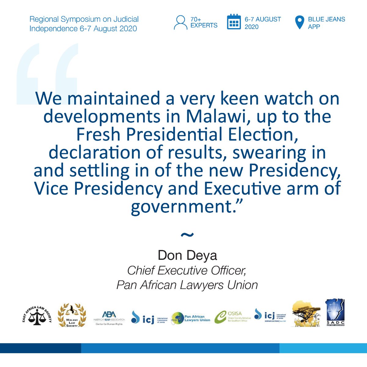 Judicial independence serves as the foundation for the #RuleOfLaw and #democracy 

#JudicialindependenceAfrica <a href="/LawyersofAfrica/">PALU</a> <a href="/JusticeDefend/">ABA Justice Defenders Program</a> <a href="/ealawsociety/">East Africa Law Society(EALS)</a> <a href="/OSISA/">OSISA</a> <a href="/la_sadc/">@SADC-LA</a> <a href="/AfricanJurists/">Africa Judges & Jurists Forum</a> <a href="/SZarifi/">Sam Zarifi</a> <a href="/Dr_JAMavedzenge/">Dr.Justice A Mavedzenge</a> <a href="/donalddeya/">Donald Deya</a> <a href="/tsunga_arnold/">ARNOLD TSUNGA</a> <a href="/WMutunga/">Dr Willy M Mutunga, Chief Justice, Kenya (2011-16)</a> <a href="/AINoormohamed/">Abdul Noormohamed</a> <a href="/Mwanamwenga/">Silas Ngalaa Kamanza</a>