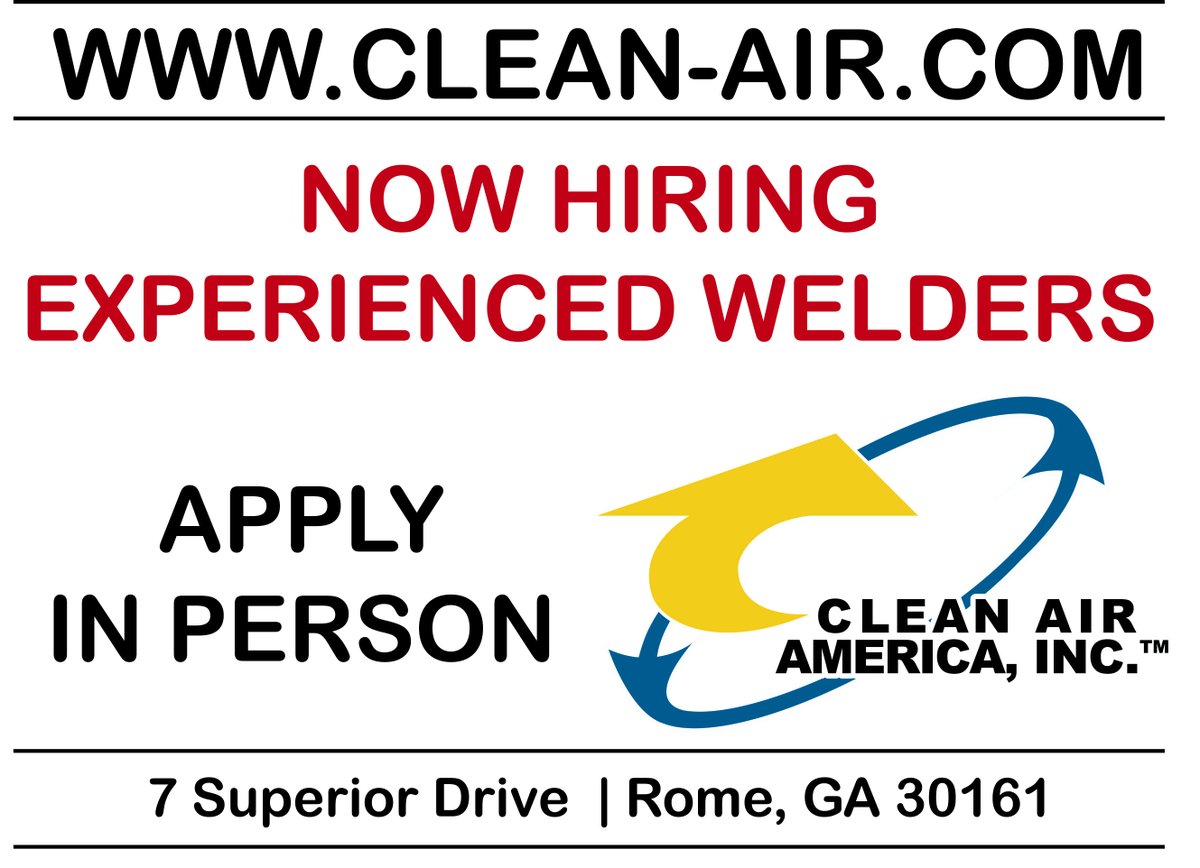 CleanAirMedia's tweet image. Do you need to work RIGHT NOW? Clean Air America is looking for experienced welders who are ready to work! Please visit our offices at 7 Superior Drive, Rome GA to complete an application, or download one at  clean-air.com/about-us/caree….  No phone calls, please. Be ready to work!