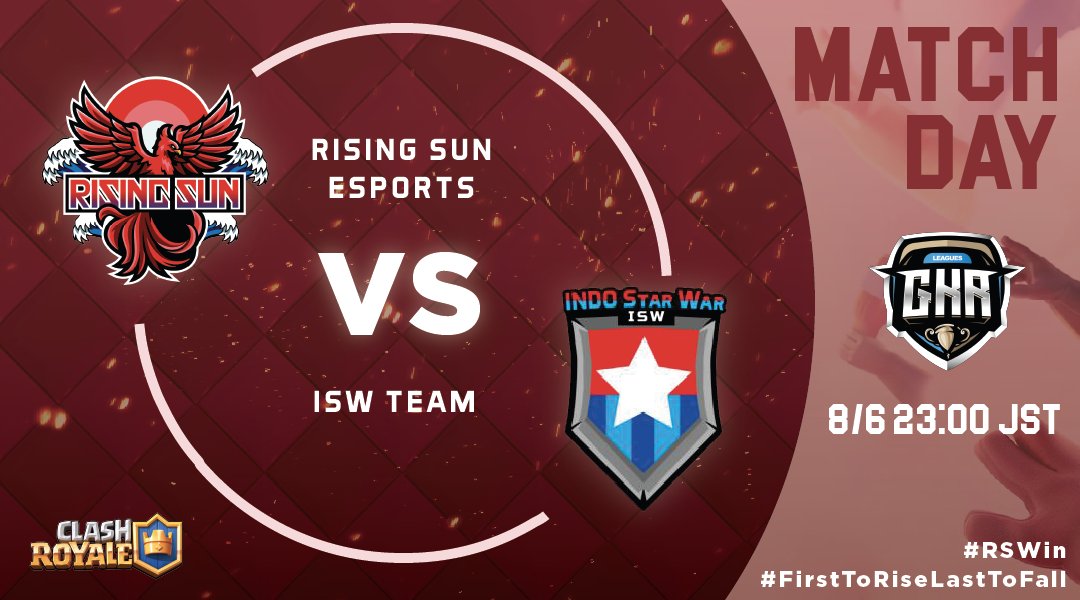 RisingSun_GG's tweet photo. 【クラロワ部門】
@GkrLeagues
この後23:00から Rising Sun Esports vs. ISW Team の試合があります。
応援よろしくお願いします!
⚔️ vs. ISW Team
🔜 23:00 JST🇯🇵
#FirstToRiseLastToFall
#RSWin https://t.co/fW3OsRMDeg