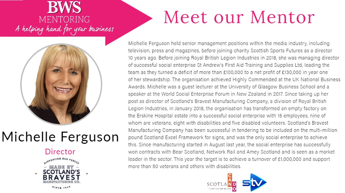 BWS - Business Women Scotland (@bws_sco) on Twitter photo Applications for #BWSMembers for the #BWSMentoringProgramme close at 5pm 17.08.20
bwsltd.co.uk/mentoring-prog…
Meet two more of our fantastic mentors bringing a wealth of experience @MichelleSBMC of <a href="/ScotsBravest/">Scotland's Bravest Manufacturing Company</a> and <a href="/FionaMacNeill/">Fiona MacNeill</a>
Not a member? - bwsltd.co.uk/benefits/ Applications for #BWSMembers for the #BWSMentoringProgramme close at 5pm 17.08.20
bwsltd.co.uk/mentoring-prog…
Meet two more of our fantastic mentors bringing a wealth of experience @MichelleSBMC of <a href="/ScotsBravest/">Scotland's Bravest Manufacturing Company</a> and <a href="/FionaMacNeill/">Fiona MacNeill</a>
Not a member? - bwsltd.co.uk/benefits/