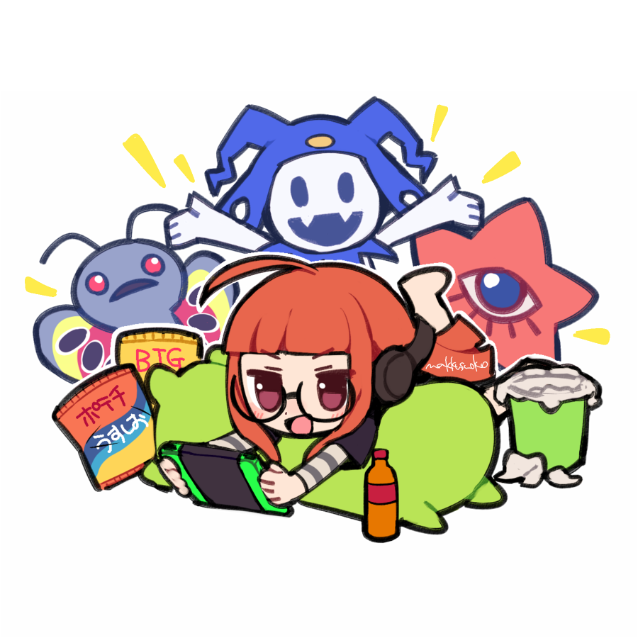 sakura futaba 1girl glasses headphones orange hair nintendo switch ahoge lying  illustration images