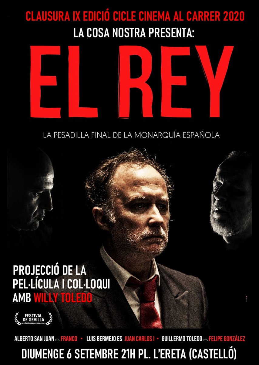 CLAUSURA ESPECIAL IX EDICIÓ CICLE DE CINEMA AL CARRER 2020

WILLY TOLEDO VE A LA COSA NOSTRA A PRESENTAR "EL REY"❤️💛💜

🗓️Diumenge 6 de setembre pl. l'Ereta (Castelló de la Plana)

TOMBEM EL REGIM!❤️🖤✊🏾