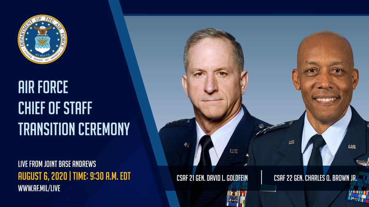 Join us for the Air Force Chief of Staff transition ceremony LIVE from @Andrews_JBA at 9:30AM EDT. af.mil/Live/