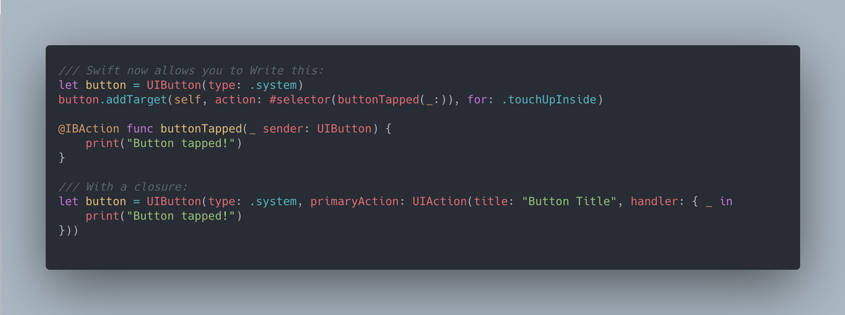 twannl's tweet photo. New in the iOS 14 SDK, closure based UIControls 🤩
https://t.co/f7roDfLWbZ  

👌🏻 Works with all UIControl based elements like UIButton, UITextField
👉🏻 Use carefully, closures based actions are discoverable but large methods can decrease readability

#swiftlang #iosdev https://t.co/UX4l84D1Mp