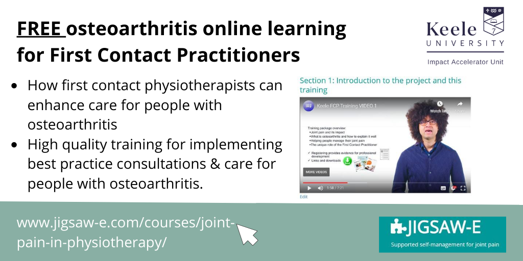 KeeleIAU's tweet photo. We offer a FREE online course for #firstcontactphysiotherapists #FCPs in #osteoarthritis. Just head to  https://t.co/66gilkMGUG to log on and start learning! @msk_health @BTHFT_OT_Physio @PhysioEt @Gloshosptherapy @pcrsociety @AmandaHensman @Emmajsalt @DerbyPhysioOPD @BickerGreg https://t.co/dW3VTtqVMr
