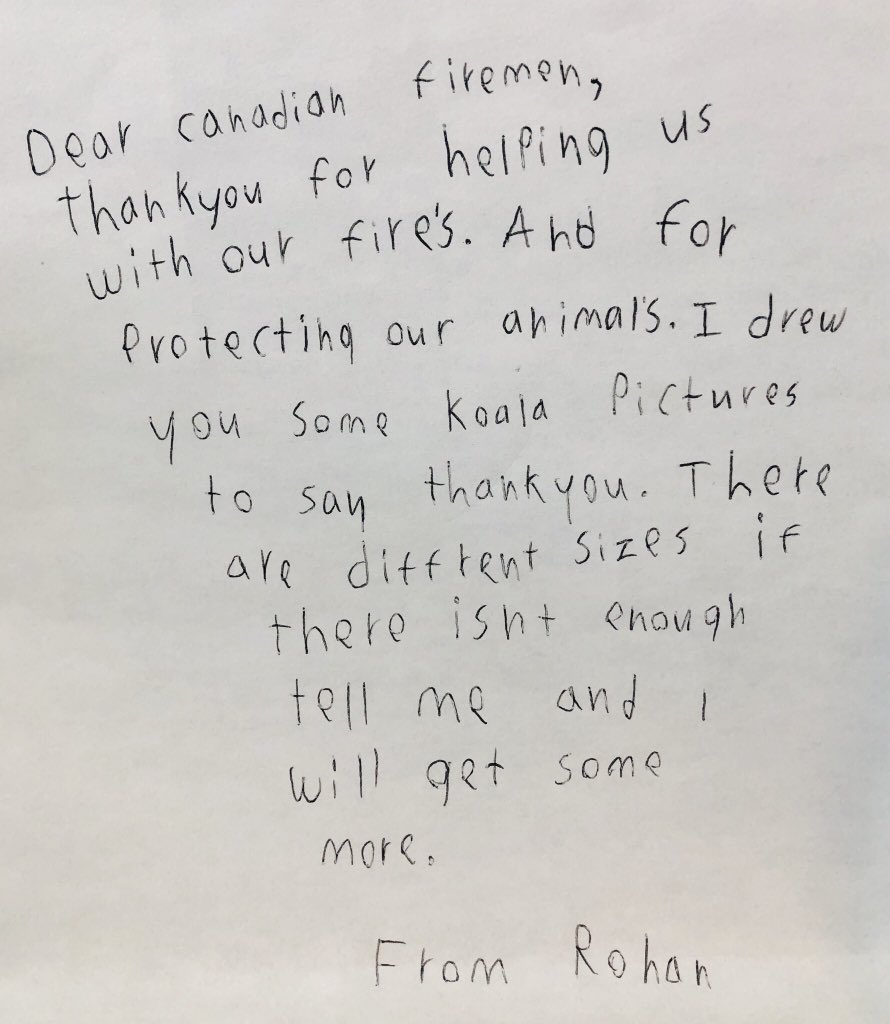 FAL_GovNL's tweet photo. (1/2) Thanks to our friend Rohan for making @FLR_GovNL Incident Management Team member Mark Lawlor’s day with this beautiful drawing of a koala &amp; a special message from Australia. Mark was one of 4 #GovNL team members deployed with @CIFFC to help fight wildfires. @FFMVic https://t.co/JOiPgkL5V0