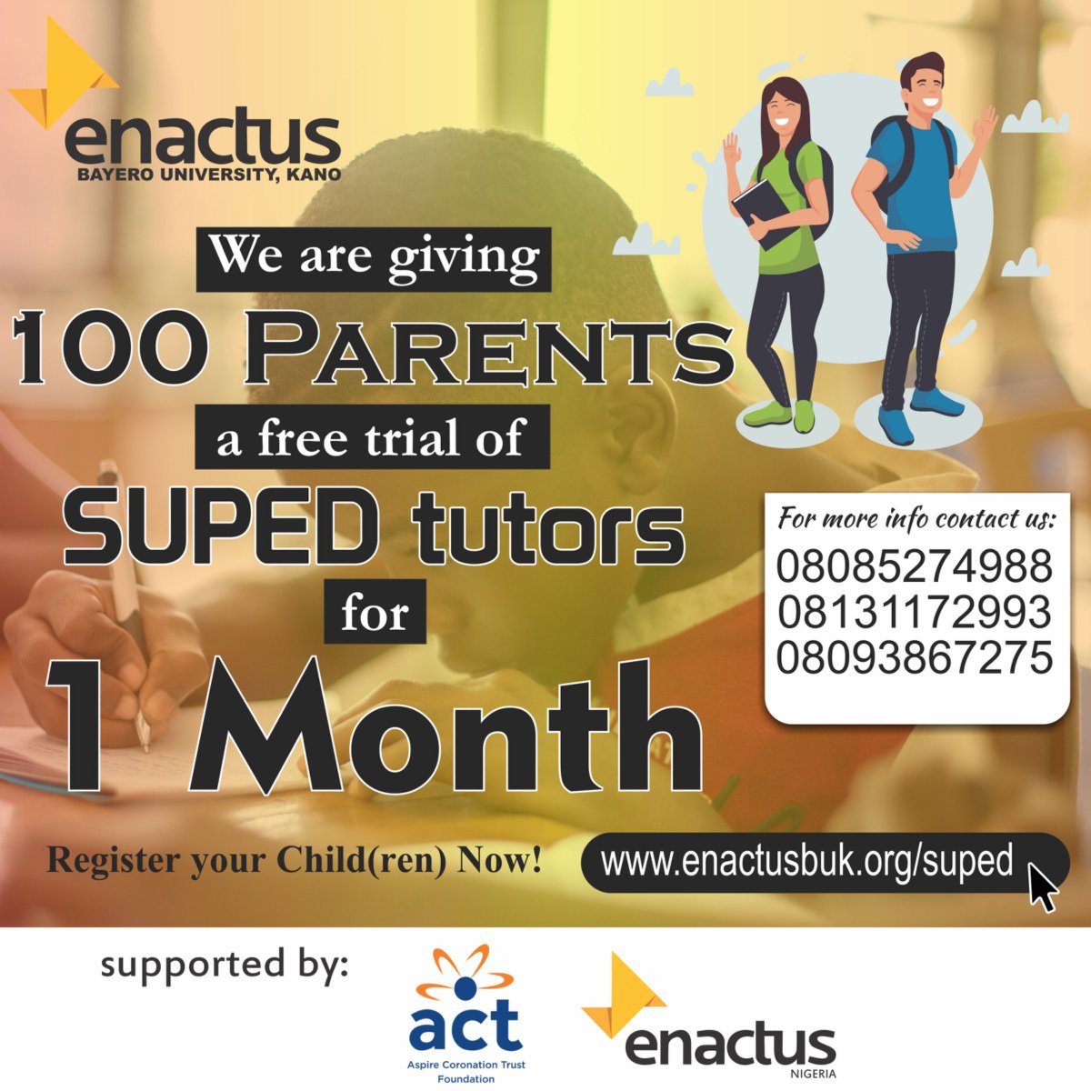 enactus_buk's tweet photo. We are giving out #SupedTutors free for one month to the first 100 parents who have registered.
If you are a parent, take advantage of this great opportunity to fill in the gap created by the schools closure.
Make a change!
Ragister๐
https://t.co/N4v46KLSFE https://t.co/wpNgrVPc25