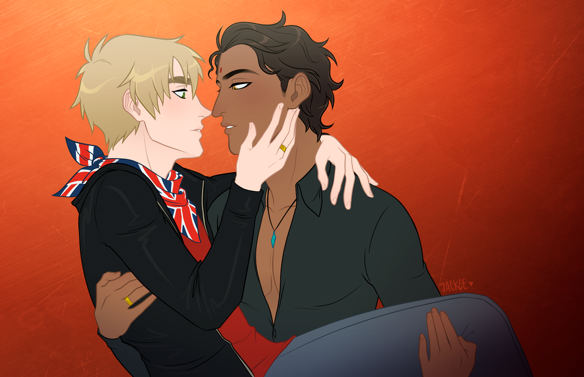 Jackce's tweet photo. Long time ago I drew this #IndEng for America and Aku 🧡
#Hetalia #APH #ヘタリア #AphEngland #AphIndia #EngInd #UKind #IndUK #AphUK https://t.co/CTWD4KcXE9
