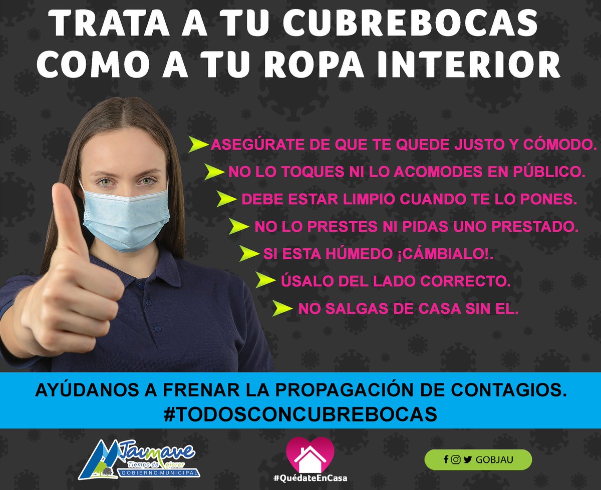 GobJau's tweet photo. Para evitar la propagación de más contagios es necesario #TodosConCubrebocas😷 úsalo adecuadamente, no esperes a que el COVID-19 llegue a nuestros conocidos, amigos y familiares para comenzar a protegernos. #Jaumave #TiempoDeMejorar💙🌳 #GobTam #GobJau @fgcabezadevaca @GobJau https://t.co/KENllbs2KF
