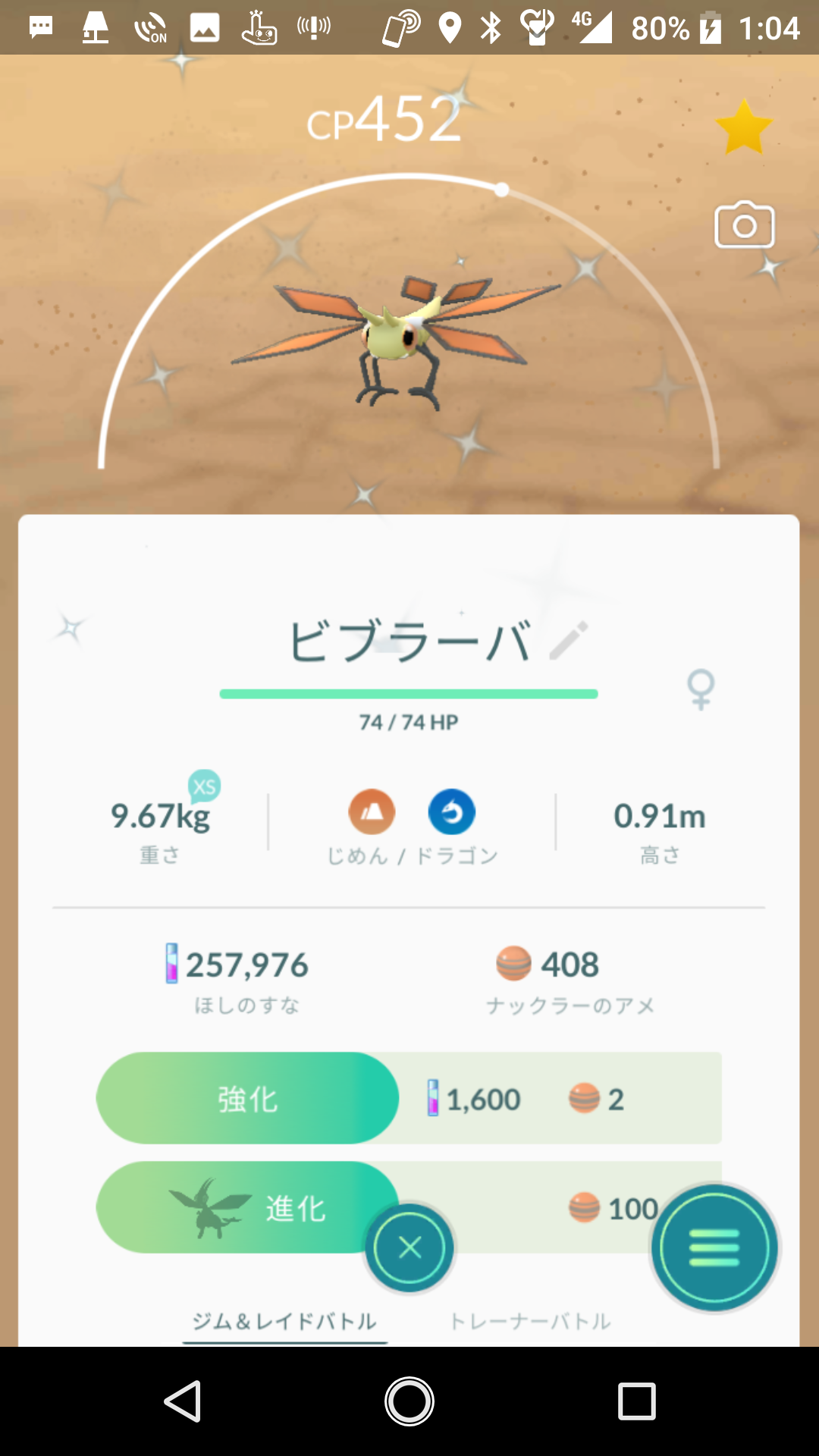 探索隊 色違いのナックラー進化させましたー ビブラーバオレンジでかわいい フライゴン色 がラスボス感あってかっこいい ポケカでフライゴンデッキ買ってたからフライゴン大好きです もう明日色違いでなくていいわー チラッチラッ 正直色違いもっと