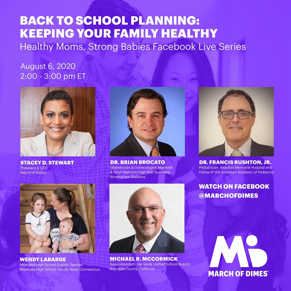 Join us TODAY for the Facebook Live event!
Tune in today, August 6th at 2pm ET for the next Healthy Moms, Strong Babies Facebook Live event: “Back to School Planning: Keeping Your Family Healthy.” Visit the March of Dimes Facebook page to watch and join in the conversation.