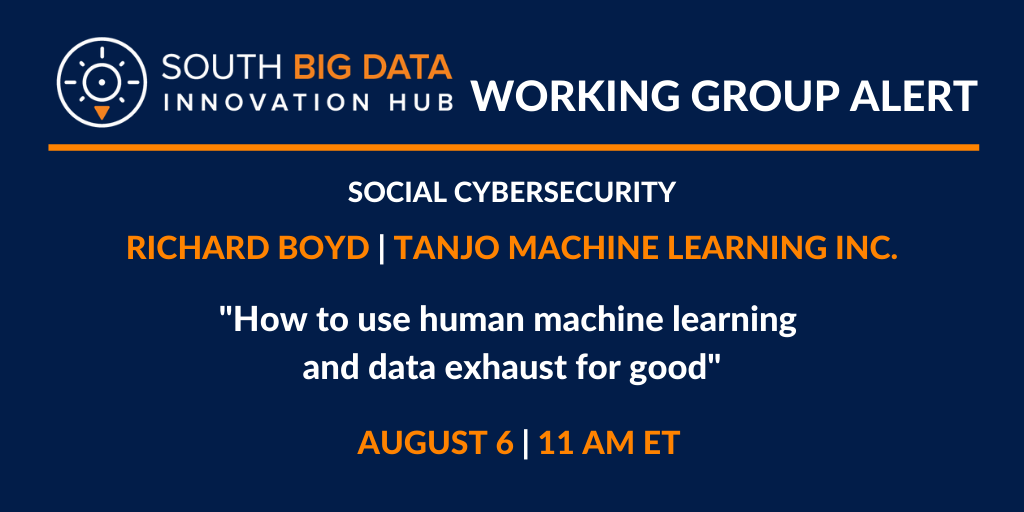 SouthBigDataHub's tweet photo. At 11 a.m. ET, Richard Boyd (@metaversial), CEO and co-founder of @TanjoHQ will present “How to use human machine learning and data exhaust for good” as part of the @SOCCYBSEC #SpeakerSeries. #SBDH #SocialCybersecurity #machinelearning #dataexhaust #AI 

https://t.co/gUNMYp19Wt https://t.co/3gL2qzxBUj