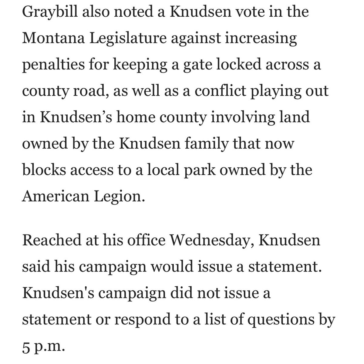 Meanwhile,  @RepKnudsen may be the most anti-public lands candidate in Montana:Supports transfer of federal landsVoted against penalties for locked gatesCurrently blocking veterans from a veterans’ parkHis position is anti-Montana & it appears he’s doubling down #MTpol